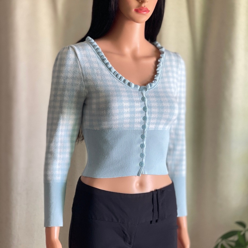 Light Blue Gingham Ruffle Crop Cardigan Sweater Soft Girl Pastel Retro Preppy S
